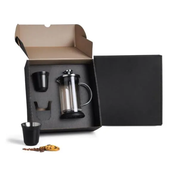 Kit para café. Conta com cafeteira prensa francesa e dois copos de 60 ml para café em aço inox preto.