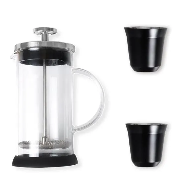 Kit para café. Conta com cafeteira prensa francesa e dois copos de 60 ml para café em aço inox preto.