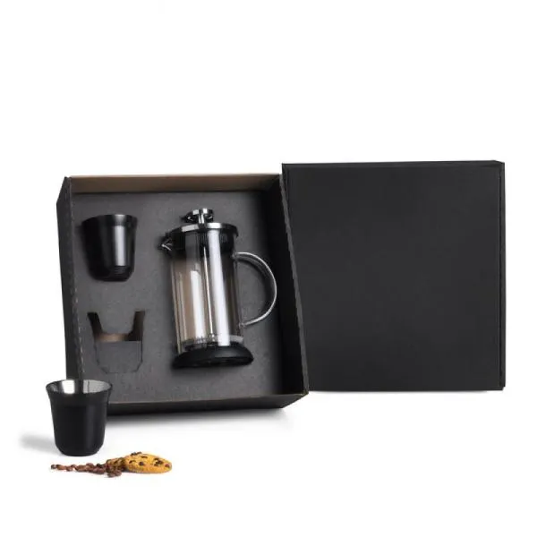 Kit para café. Conta com cafeteira prensa francesa e dois copos de 60 ml para café em aço inox preto.