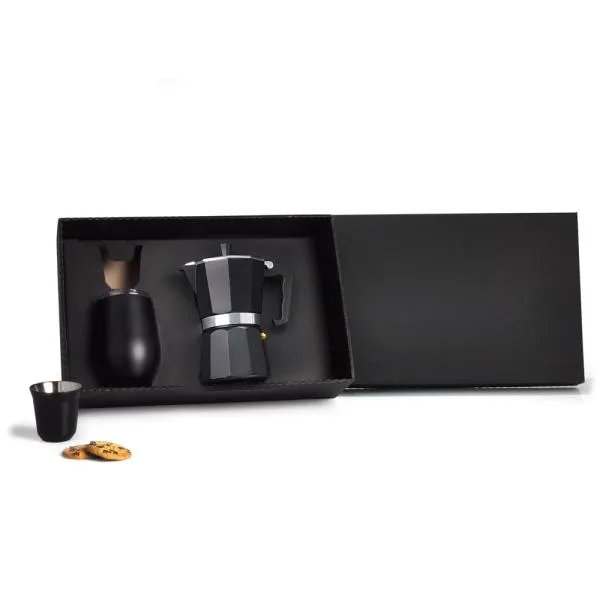 Kit para café. Conta com cafeteira prensa francesa e dois copos para café em aço inox preto, um de 80ml e outro de 340ml com tampa.