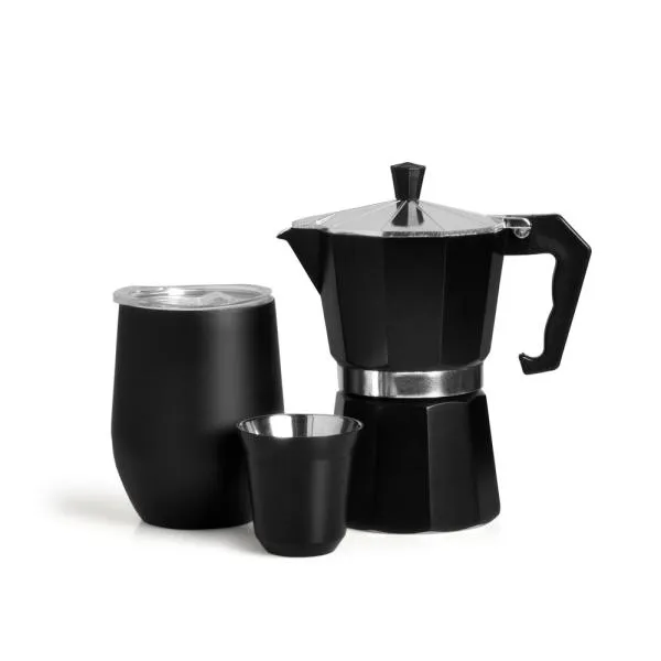 Kit para café. Conta com cafeteira prensa francesa e dois copos para café em aço inox preto, um de 80ml e outro de 340ml com tampa.