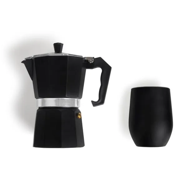 Kit para café. Conta com cafeteira e copo. Cafeteira modelo Italiana em alumínio de alta qualidade e resistência. Copo térmico com tampa 340ml. Tampa com ótima vedação e trava no bocal para melhor higiene. Também conta com dupla parede de inox, isolada a vácuo.