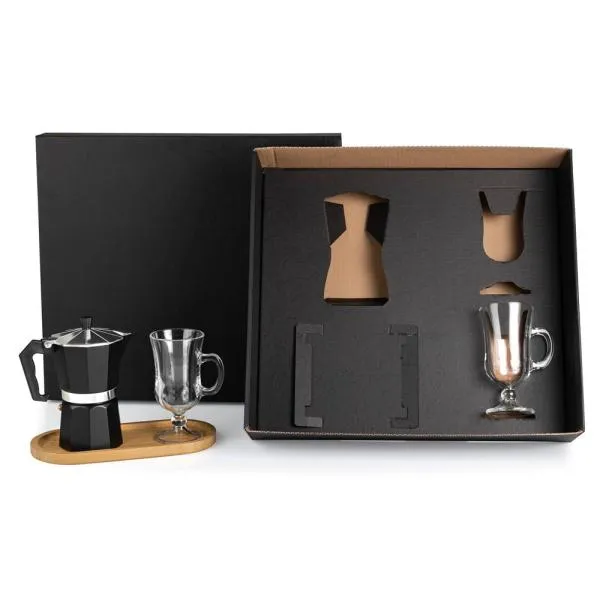 Kit para café. Conta com cafeteira em alumínio; bandeja em bambu; duas canecas em vidro 240ml cada.