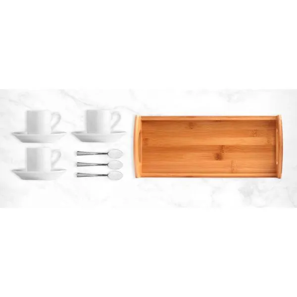 Kit para Cafézinho; Conta com bandeja em bambu; Quatro xícaras com pires para cafézinho em porcelana; Quatro colherzinhas em inox. Estão perfeitamente acomodados em uma caixa para presentear.