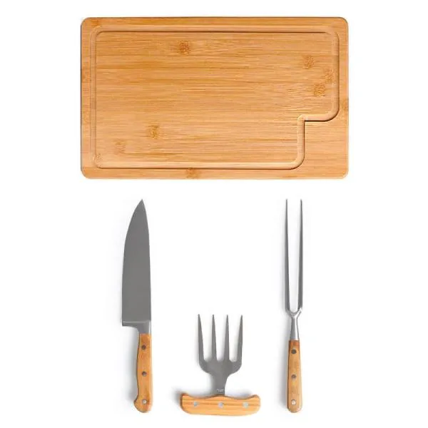 Kit para churrasco em bambu com garfo 4 dentes. Composto por tábua para Churrasco/Cozinha em bambu, faca e garfo forjado e garfo 4 dentes em Bambu/Inox.