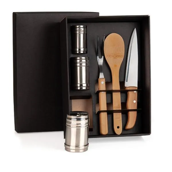 Kit para cozinha e tempero com faca 7 e garfo em inox/bambu; 3 potes de tempero em Inox e colher em Bambu.