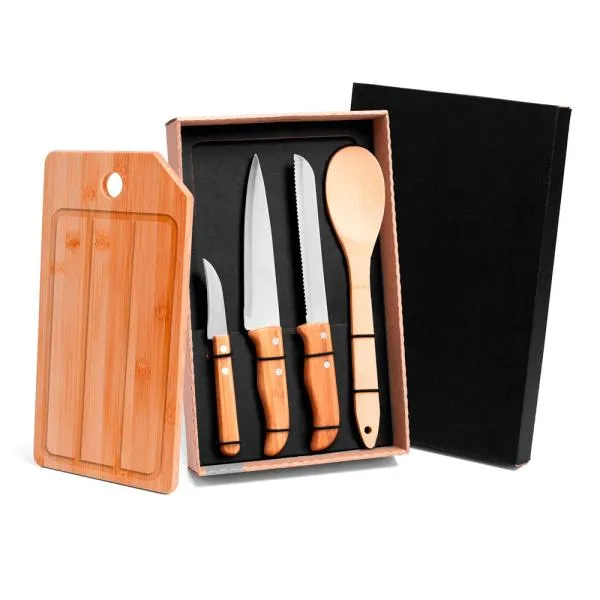 Conjunto para Cozinha/Pão em Bambu/Aço Inox; Acompanha tábua e colher 30cm em Bambu; Faca 7, faca 7 para pão, faca 3 para legumes em Aço Inox/Bambu. Acomodados em uma linda caixa para presente. Tábua confeccionada com tripla camada invertida, para dar maior durabilidade.