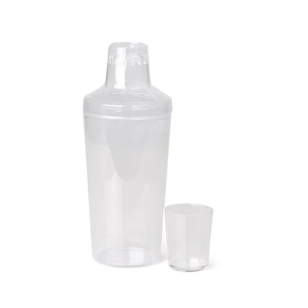 Kit composto por coqueteleira em plástico PS (poliestireno) com tampa, coador, dosador em ml e oz. Conta também com duas taças em vidro com capacidade de 490 ml cada uma.