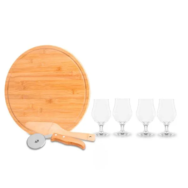 Kit para pizza e cerveja. Conta com tábua para petisco/pizza e espátula para pizza em bambu; Cortador de pizza em bambu/inox; Quatro taças para cerveja em vidro. Estão perfeitamente acomodados em uma caixa para presentear.