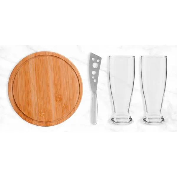 Kit para queijo e cerveja; Conta com tábua para queijo/petiscos; Faca para frios em metal; Dois copos para cerveja em vidro. Estão perfeitamente acomodados em uma caixa para presentear.