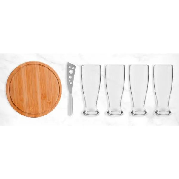 Kit para queijo e cerveja; Conta com tábua redonda para queijo/petiscos; Faca para frios em metal; Quatro copos para cerveja em vidro. Estão perfeitamente acomodados em uma caixa para presentear.