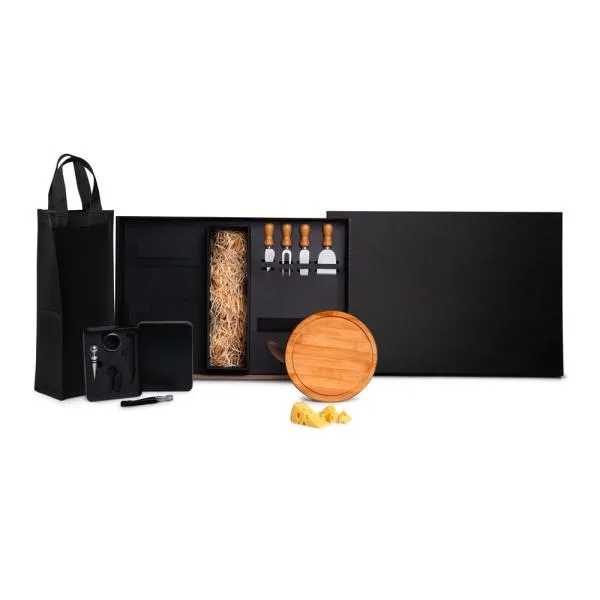 Kit composto por conjunto para vinho com 4 peças em Inox, sendo elas um abridor saca-rolhas, tampão para garrafa, anel salva gotas e corta lacres; acompanha também uma tábua redonda em Bambu; duas facas, uma espátula e um garfo em Madeira/Inox para queijos; porta vinho em Corvim preto para 1 garrafa com alças e bolso lateral e espaço para garrafa (NÃO ACOMPANHA GARRAFA).