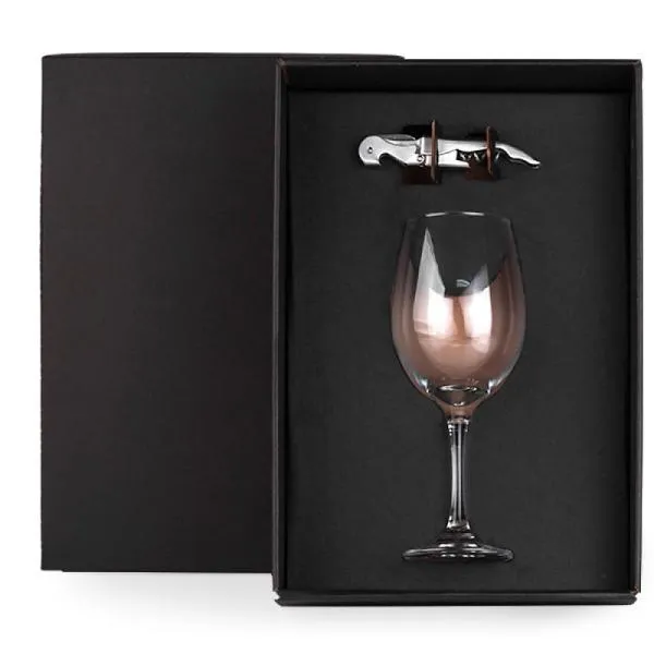 Kit vinho com abridor. Composto por uma taça de vidro para vinho com capacidade de 490ml e abridor saca-rolhas em aço inox escovado.