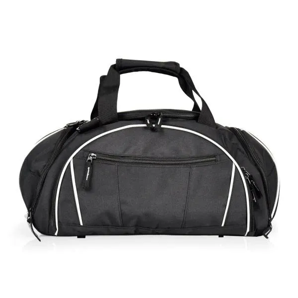 Mala Esportiva preta em Nylon e Polyester 300D. Conta com alça de ombro ajustável, alça de mão, cinco divisões com zíper, sendo, dois laterais, dois frontais e um superior. Capacidade: 35L