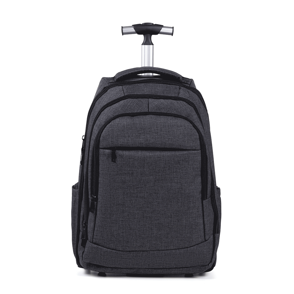 Mochila confeccionada em RPET melange cinza escuro com rodinhas. Conta com alças para as costas fechada com zíper, alça para mãos, alça telescópica de dois estágios, duas rodinhas, quatro compartimentos - sendo um interno principal (com sub compartimento para notebook) e três externos (um frontal menor para pequenos objetos como celulares e cadernos, e dois laterais, ideais para guarda-chuvas e garrafas).