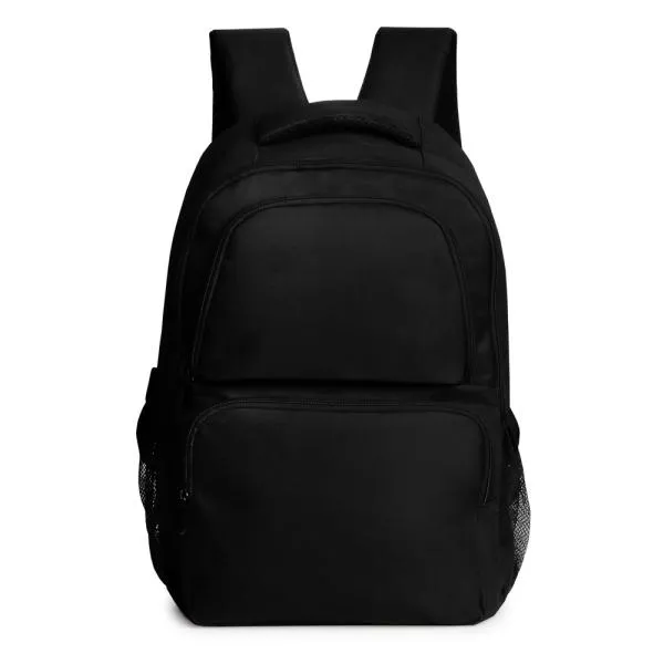 Mochila preta confeccionada em Polyester 600D. Conta com bolso principal com zíper duplo cursor, dois bolsos frontais em zíper, dois bolsos laterais em tela, divisória para notebook interna com acabamento acolchoado, alças ajustáveis, alça de mão e alça carona para mala.