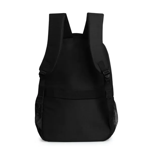 Mochila preta confeccionada em Polyester 600D. Conta com bolso principal com zíper duplo cursor, dois bolsos frontais em zíper, dois bolsos laterais em tela, divisória para notebook interna com acabamento acolchoado, alças ajustáveis, alça de mão e alça carona para mala.