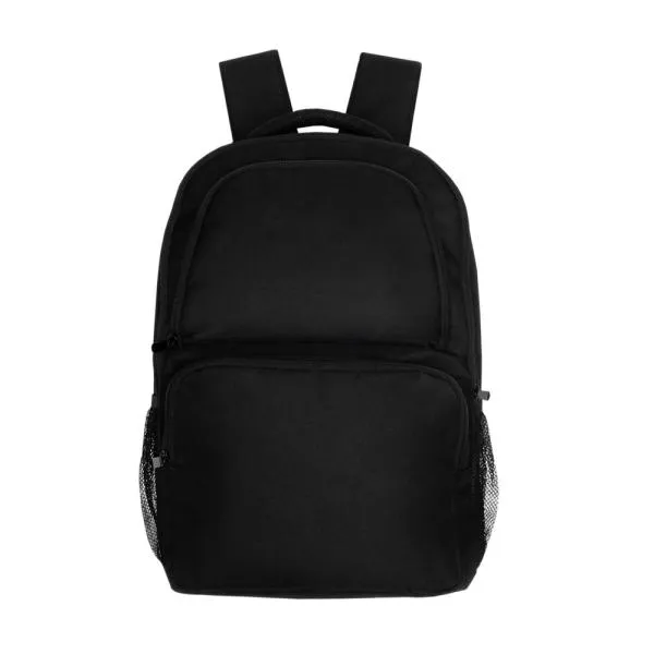 Mochila preta confeccionada em Polyester 600D. Conta com bolso principal com zíper duplo cursor, dois bolsos frontais em zíper, dois bolsos laterais em tela, divisória para notebook interna com acabamento acolchoado, alças ajustáveis, alça de mão e alça carona para mala.