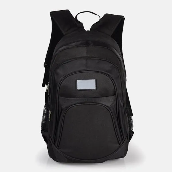 Mochila preta em Poliester 600D/1680D com alças para as costas, alça para as mãos, compartimento para notebook de até 15, 3 bolsos externos com zíper e 2 bolsos externos em tela.