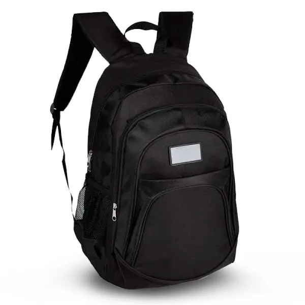 Mochila preta em Poliester 600D/1680D com alças para as costas, alça para as mãos, compartimento para notebook de até 15, 3 bolsos externos com zíper e 2 bolsos externos em tela.