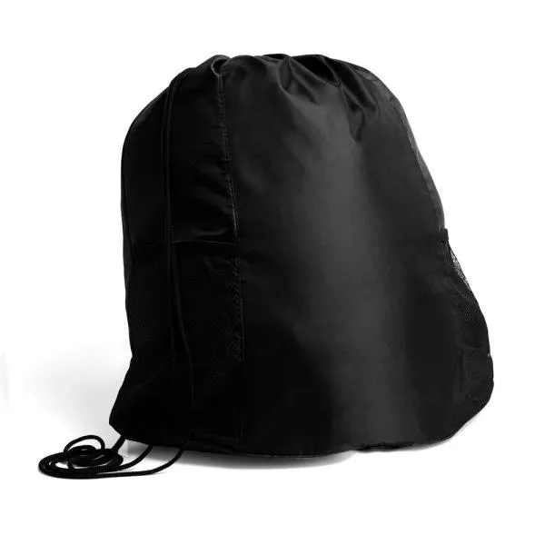 Mochila sacola preta confeccionada em Nylon 210D. Conta com dois bolsos externos em tela elástica e alças tipo cordão. Capacidade: 20 litros (Volume). Utilidade do Produto: Uma mochila leve e compacta, ideal para a prática de exercícios!