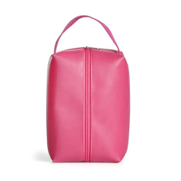 Necessaire com alça em material sintético na cor rosa.