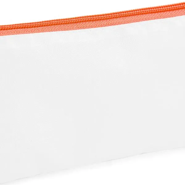 Necessaire com zíper laranja confeccionada em Nylon 210 resinado. Conta com fechamento em zíper nas cores preta, azul, vermelha, verde, amarelo, laranja, roxo e rosa.