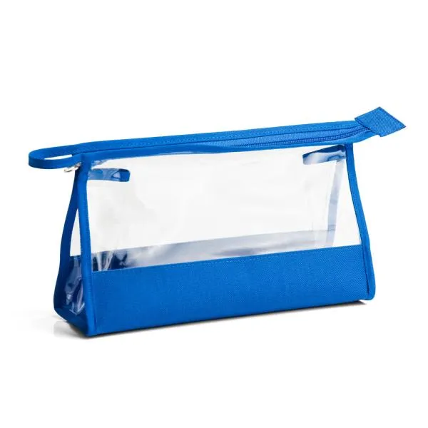 Necessaire na cor azul e transparente confeccionada em PVC / Nylon 600. Conta com fechamento em zíper e alça. Disponível nas cores preta, azul, vermelha e verde.