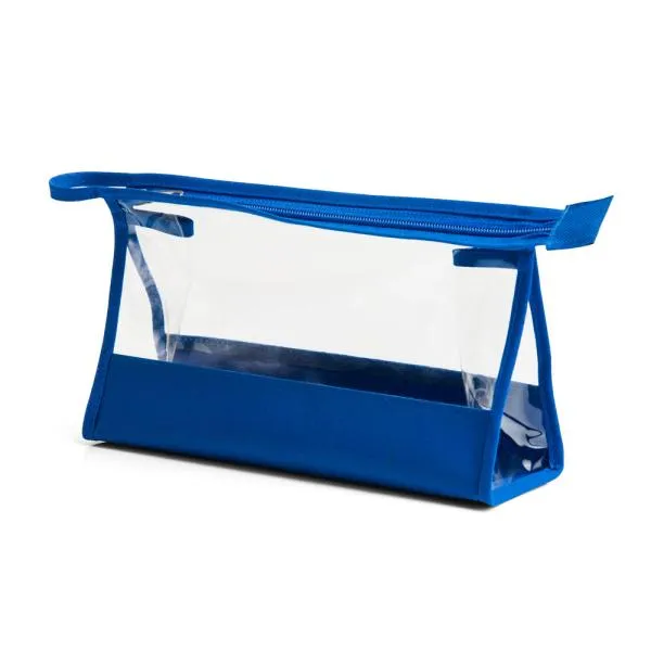 Necessaire na cor azul e transparente confeccionada em PVC / Nylon 600. Conta com fechamento em zíper e alça. Disponível nas cores preta, azul, vermelha e verde.