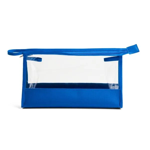 Necessaire na cor azul e transparente confeccionada em PVC / Nylon 600. Conta com fechamento em zíper e alça. Disponível nas cores preta, azul, vermelha e verde.