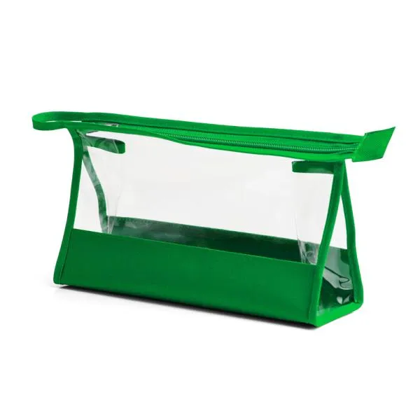 Necessaire na cor verde transparente confeccionada em PVC / Nylon 600. Conta com fechamento em zíper e alça. Disponível nas cores preta, azul, vermelha e verde.