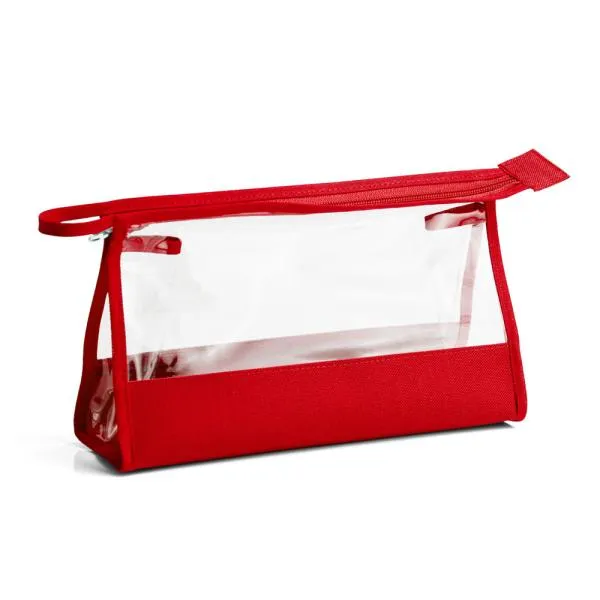 Necessaire na cor vermelha e transparente confeccionada em PVC / Nylon 600. Conta com fechamento em zíper e alça. Disponível nas cores preta, azul, vermelha e verde.