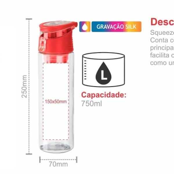 Squeeze em Plástico AS transparente/vermelho. Conta com infusor para aromatizar o líquido, tampa principal rosqueável, tampa abre e fecha e alça que facilita o transporte. Pode ser usado sem o infusor como um squeeze normal. Capacidade: 750ml