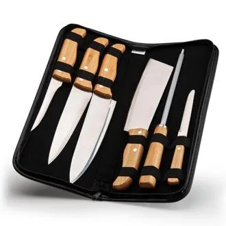 KIT DE FACAS, CHAIRA E CUTELO INOX/BAMBU COM ESTOJO 7 PÇS