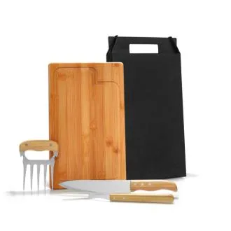 KIT PARA CHURRASCO EM BAMBU / MADEIRA / INOX - 4 PÇS