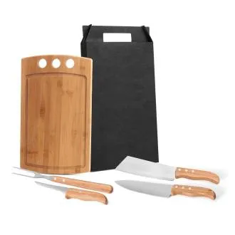 KIT PARA CHURRASCO OU COZINHA EM BAMBU / INOX - 5 PÇS