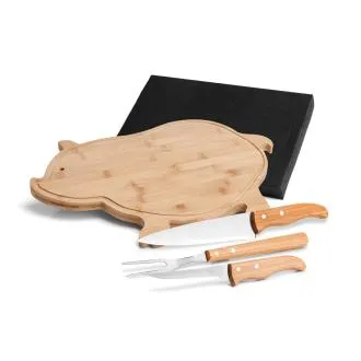 KIT PARA COZINHA EM BAMBU COM TÁBUA PORCO, FACA E GARFO