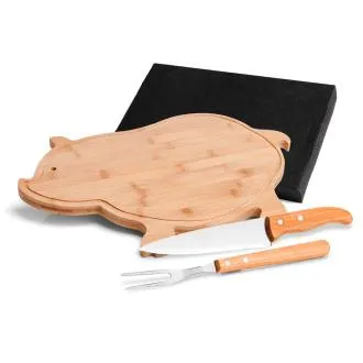 KIT PARA COZINHA EM BAMBU / INOX COM TÁBUA FORMATO PORCO