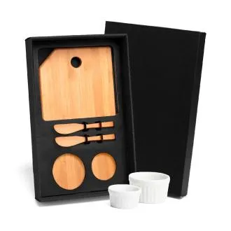 KIT PARA PETISCO COM TÁBUA, ESPÁTULAS E RAMEKINS - 5 PÇS