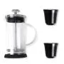 Kit para café. Conta com cafeteira prensa francesa e dois copos de 60 ml para café em aço inox preto.