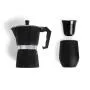 Kit para café. Conta com cafeteira prensa francesa e dois copos para café em aço inox preto, um de 80ml e outro de 340ml com tampa.