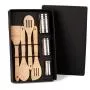 Kit para cozinha e tempero; Conta com colher, colher perfurada, espátula quadrada e espátula perfurada em bambu e 3 potes para tempero em inox.