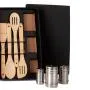 Kit para cozinha e tempero; Conta com colher, colher perfurada, espátula quadrada e espátula perfurada em bambu e 3 potes para tempero em inox.